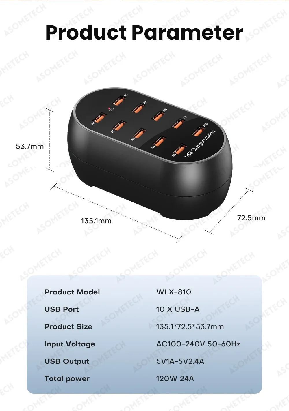 ASOMETECH 10-Port Desktop USB Charging Station