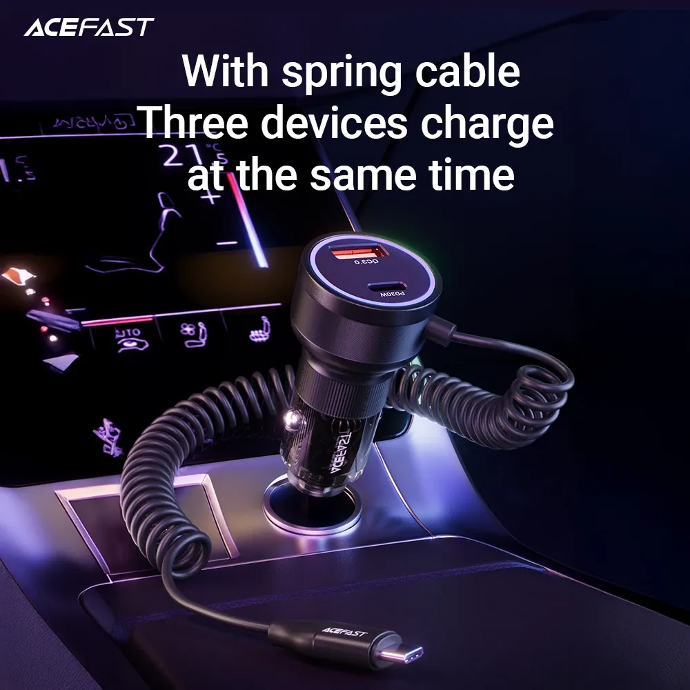 ACEFAST 60W Dual-Port Car Charger with Coiled USB-C Cable