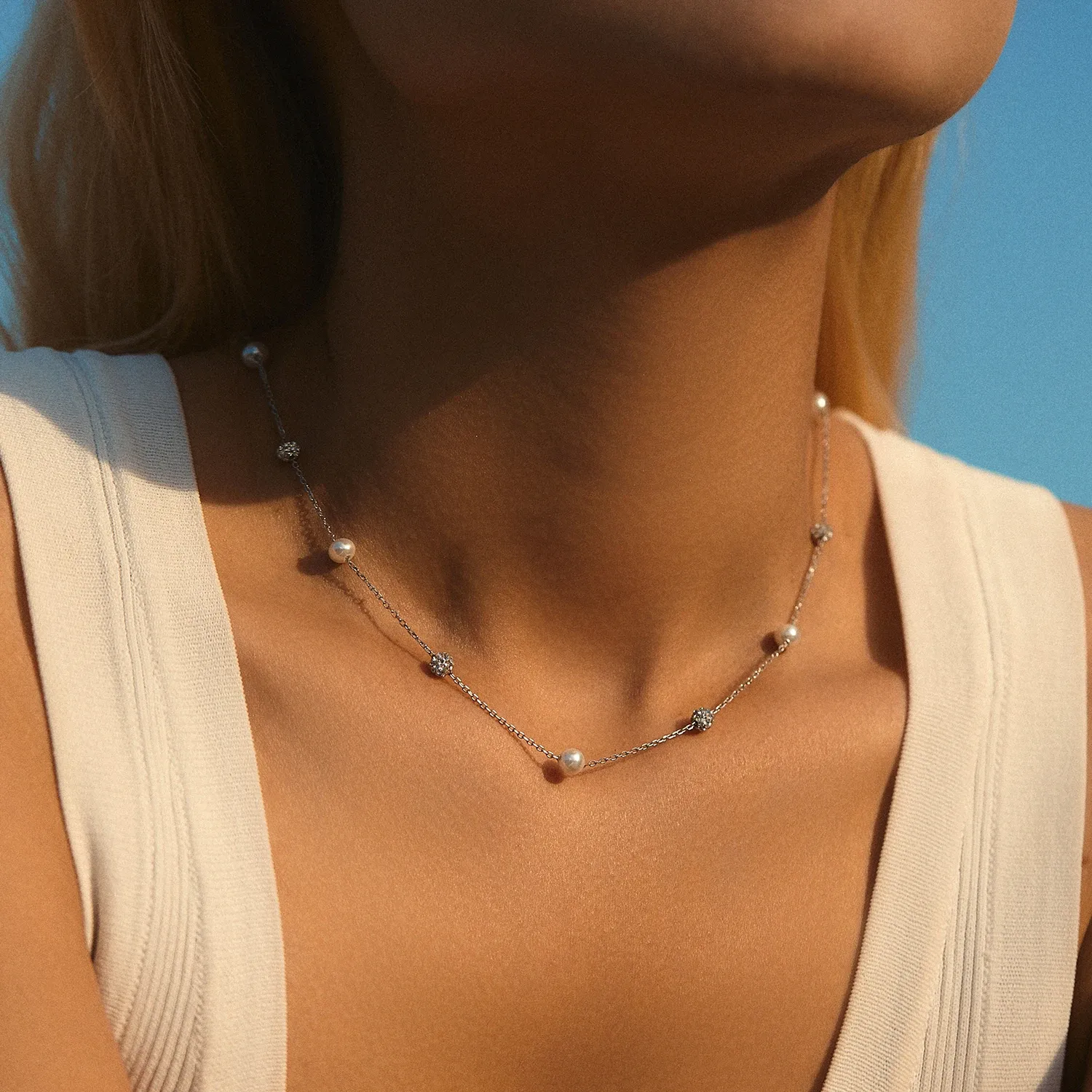 MODIAN 925 Sterling Silver Zircon Pearl Chain Necklace