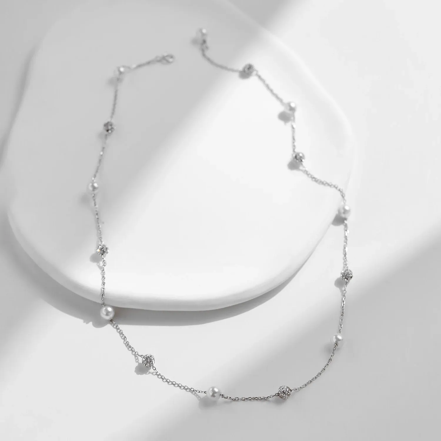 MODIAN 925 Sterling Silver Zircon Pearl Chain Necklace