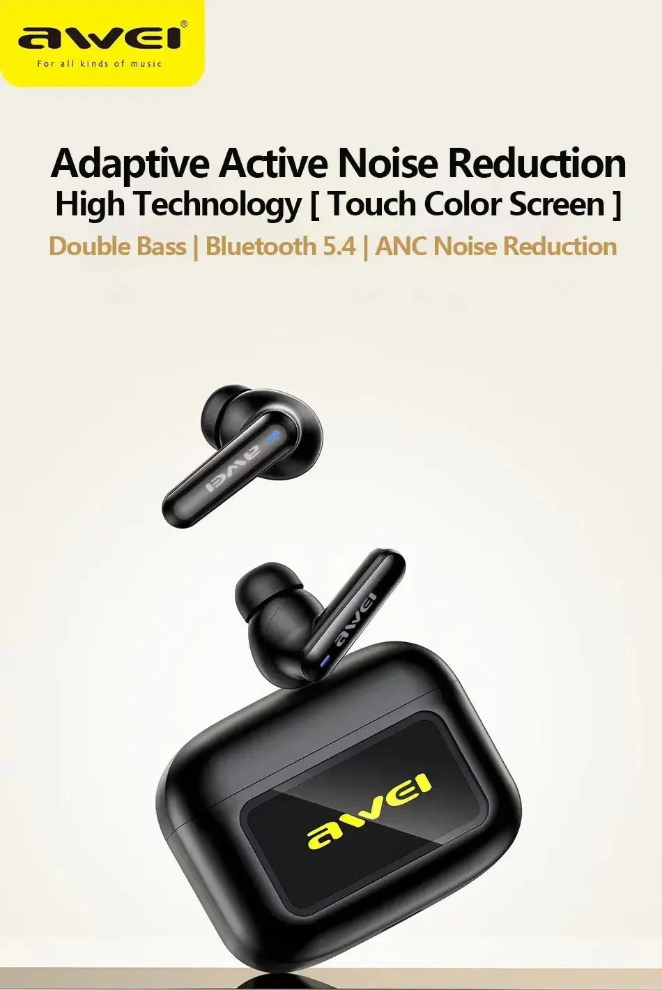 AWEI T56 ANC Bluetooth 5.4 Earbuds with Smart Display Case