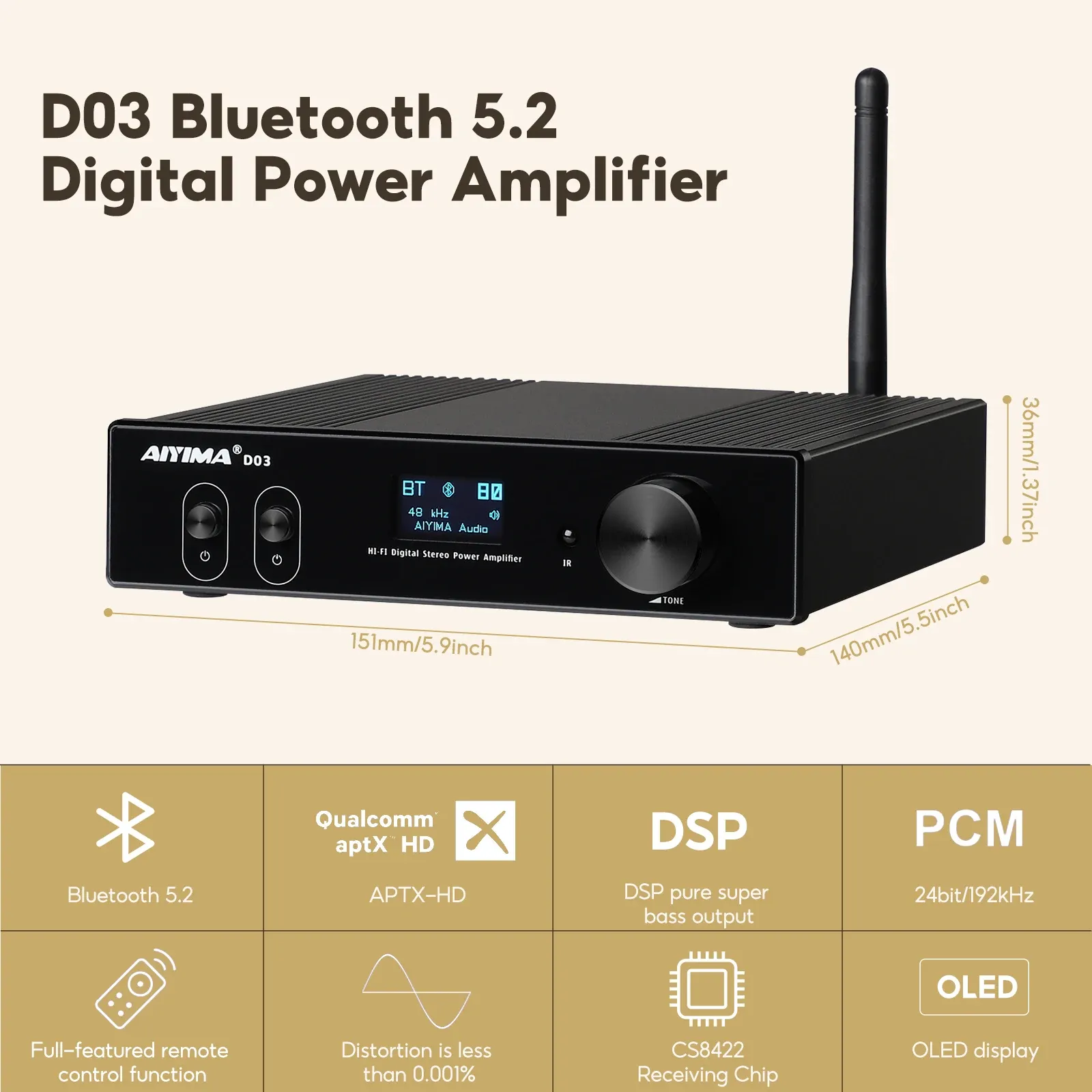 AIYIMA D03 Stereo Bluetooth Amplifier DAC