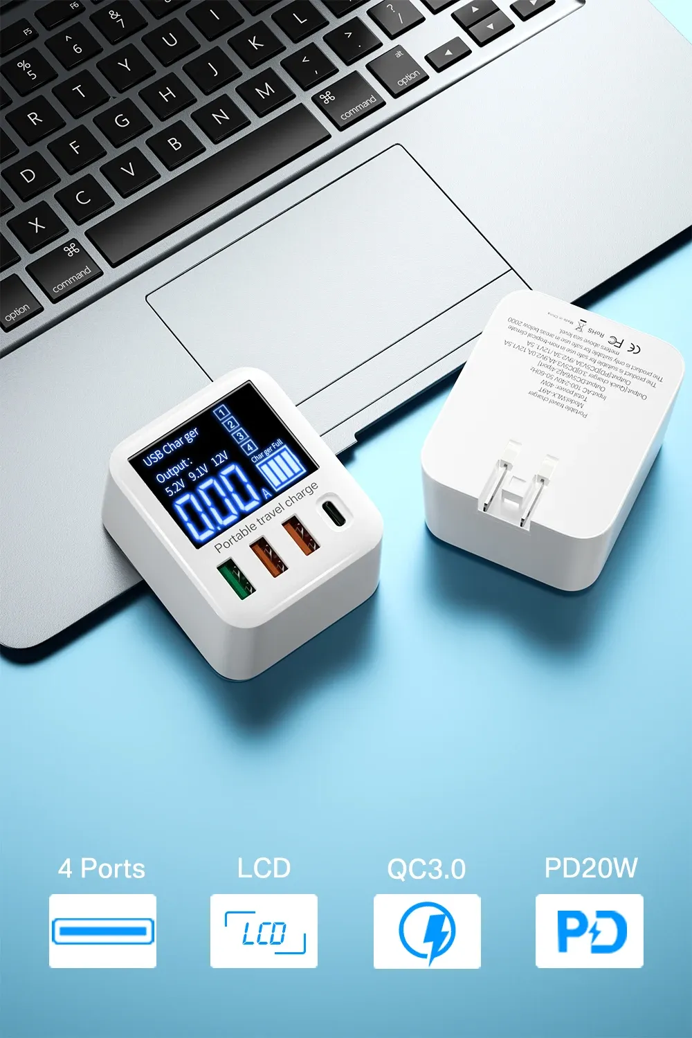 ASOMETECH 40W 4-Port USB Wall Charger with LED Readout