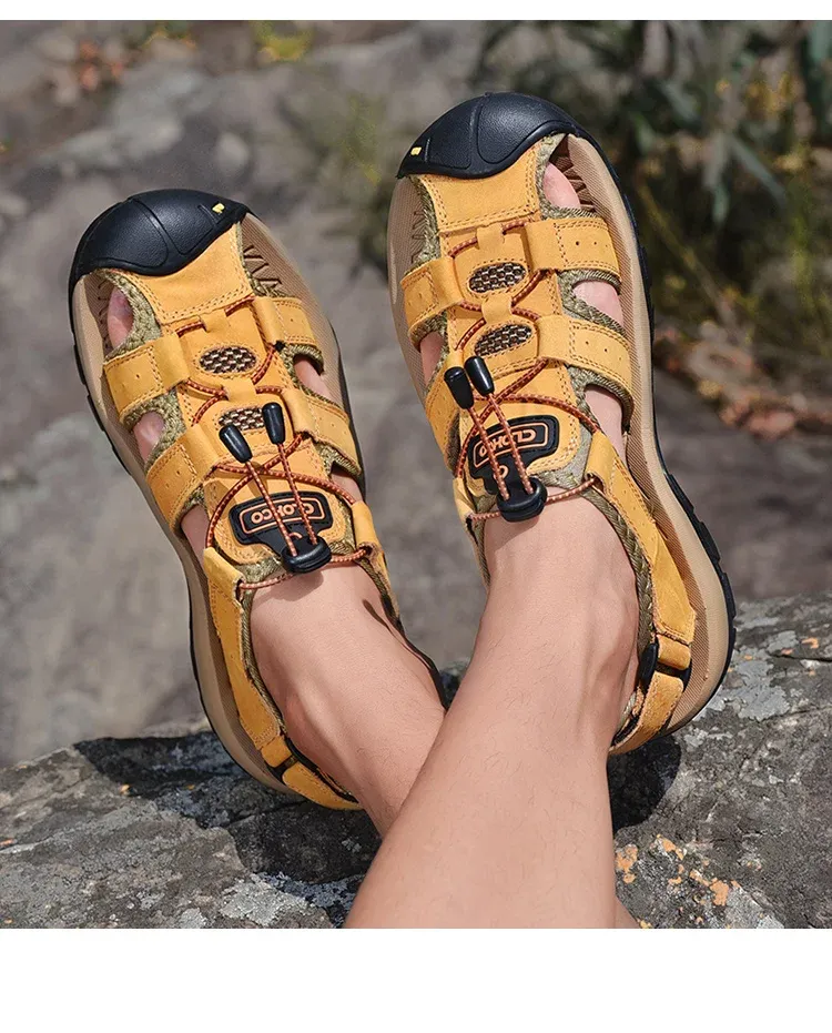 CLOHOO Genuine Leather Outdoor Hook-and-Loop Sandals