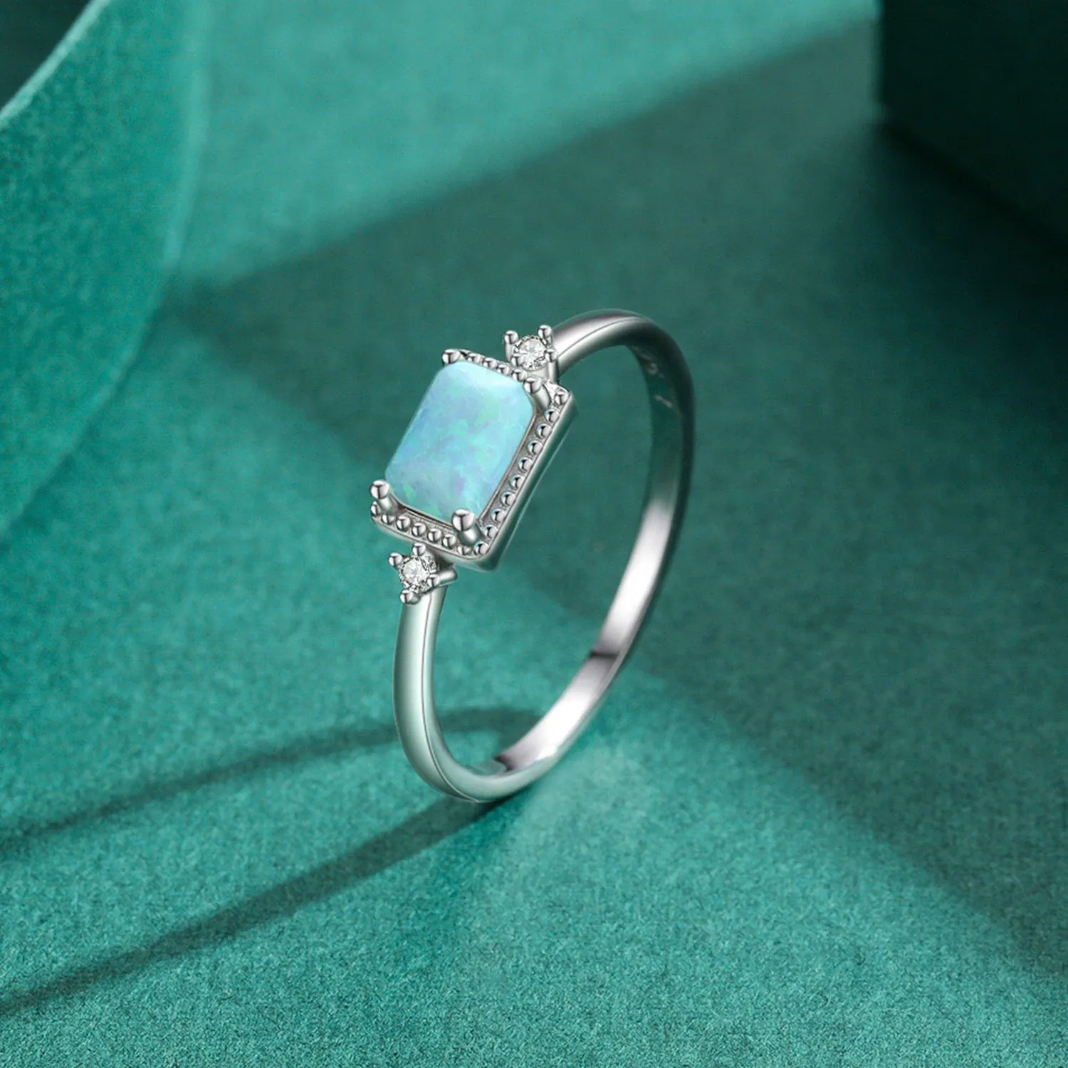 MODIAN 925 Sterling Silver Opal Rectangle Wedding Ring
