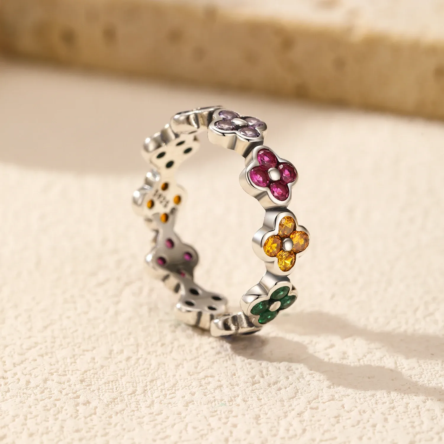 MODIAN 925 Sterling Silver Clover Heart CZ Stack Ring