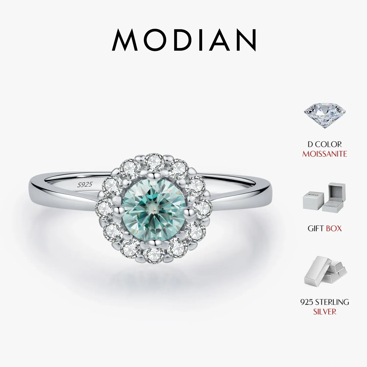 MODIAN Green Teal Moissanite Halo Ring in 925 Sterling Silver