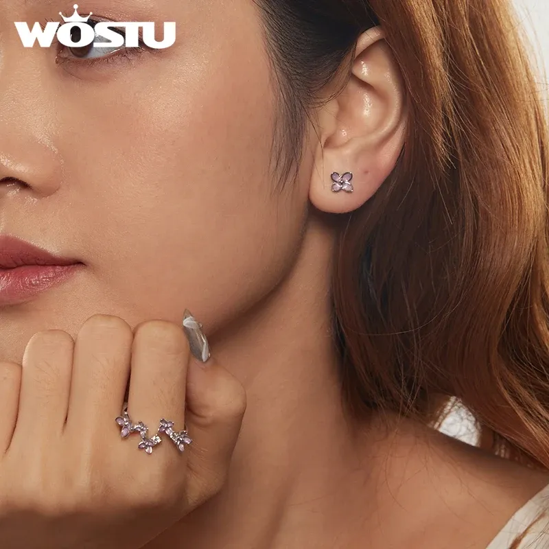WOSTU Lilac Flower Sterling Silver Open Ring and Stud Earrings Set