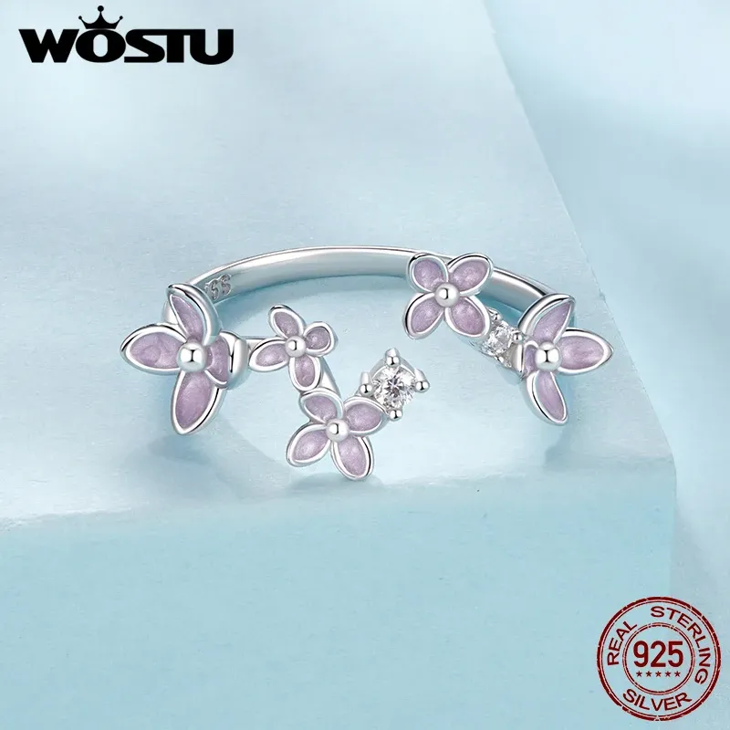 WOSTU Lilac Flower Sterling Silver Open Ring and Stud Earrings Set