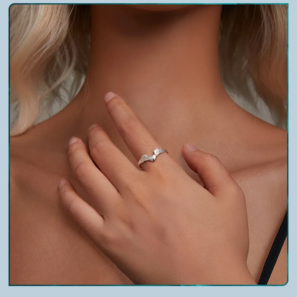 WOSTU 925 Silver Pink Heart Wing Adjustable Open Ring