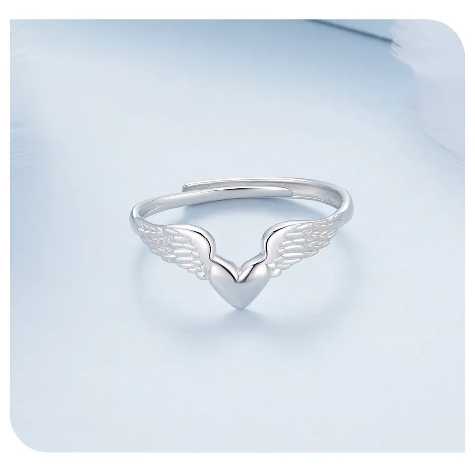 WOSTU 925 Silver Pink Heart Wing Adjustable Open Ring