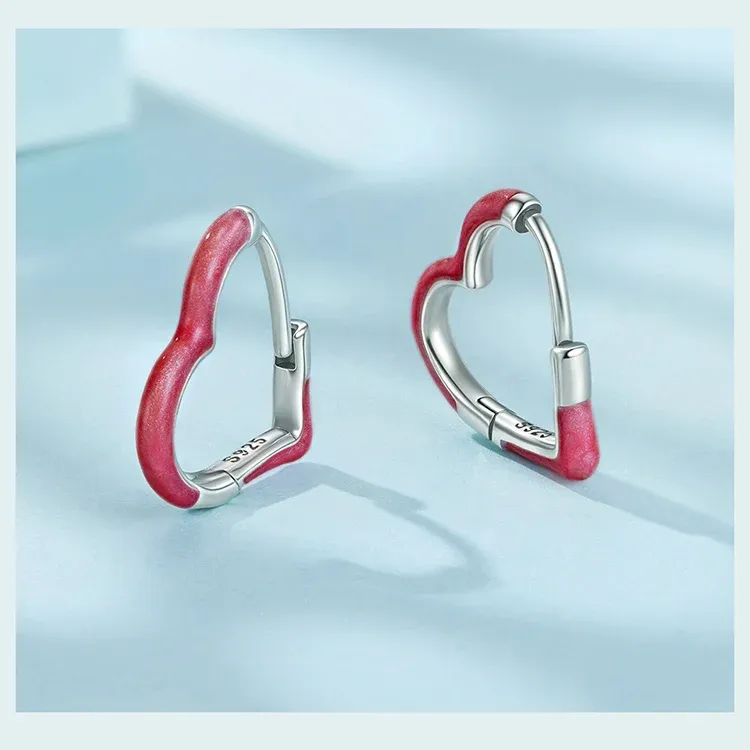 WOSTU Pink Heart 925 Sterling Silver Hoop Earrings