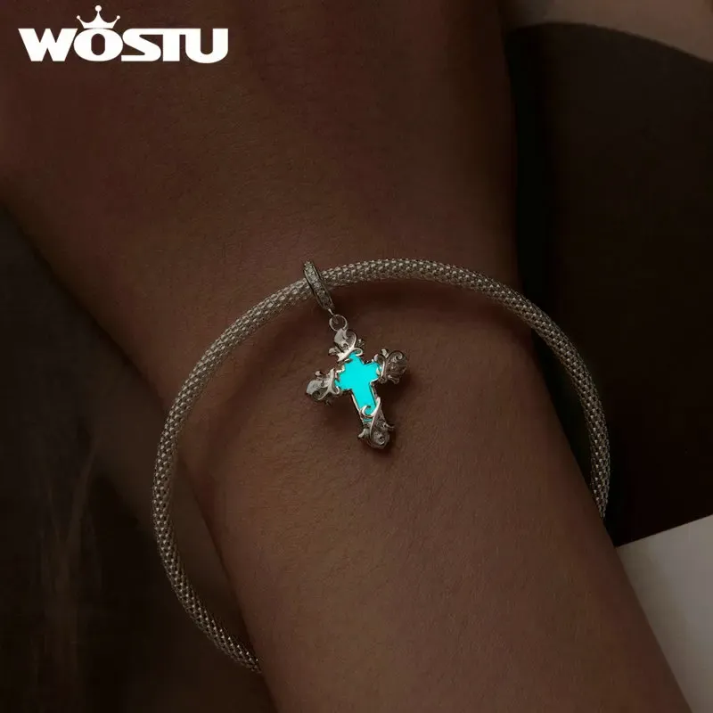 WOSTU Vintage Heart Cross Glass Charm in 925 Sterling Silver