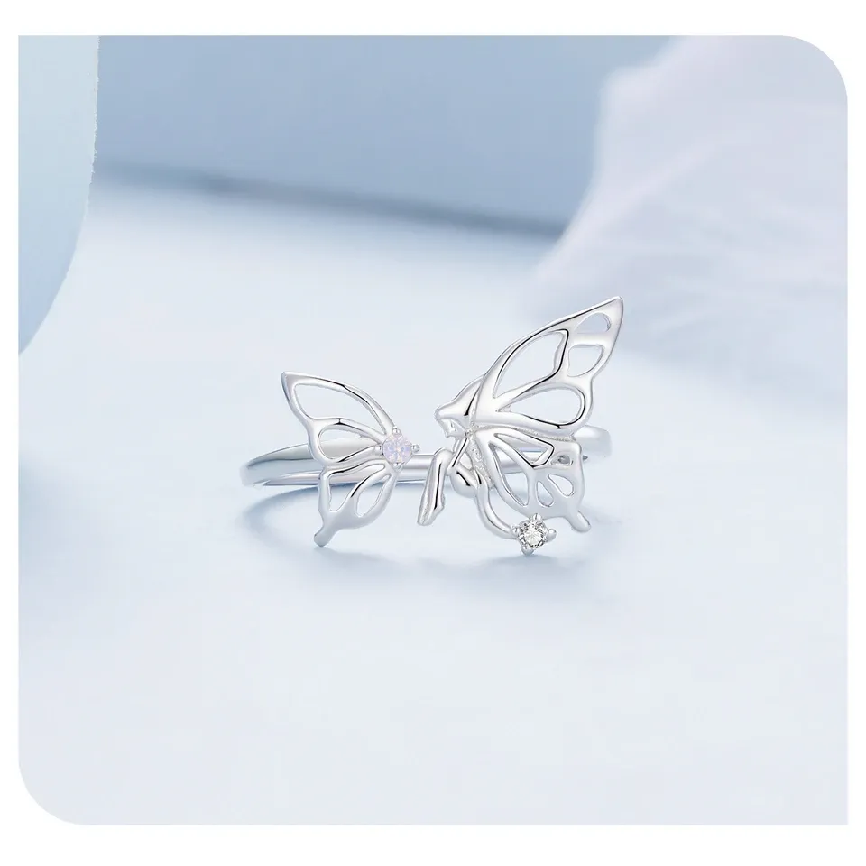 WOSTU 925 Sterling Silver Butterfly Open Ring with Opal Zircon
