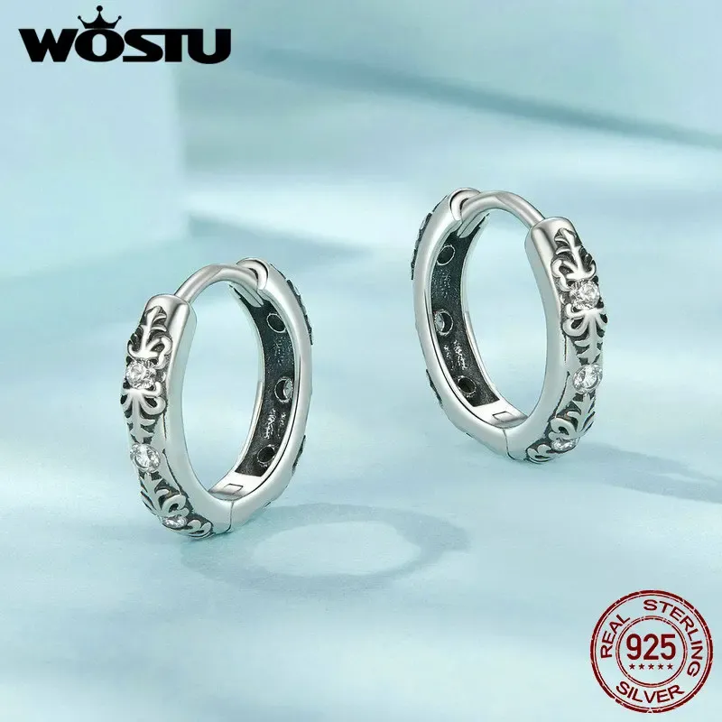 WOSTU Vintage 925 Sterling Silver Zircon Plant Hoop Earrings