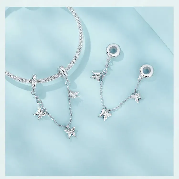 WOSTU Sterling Silver Zircon Love Butterfly Safety Chain Charm
