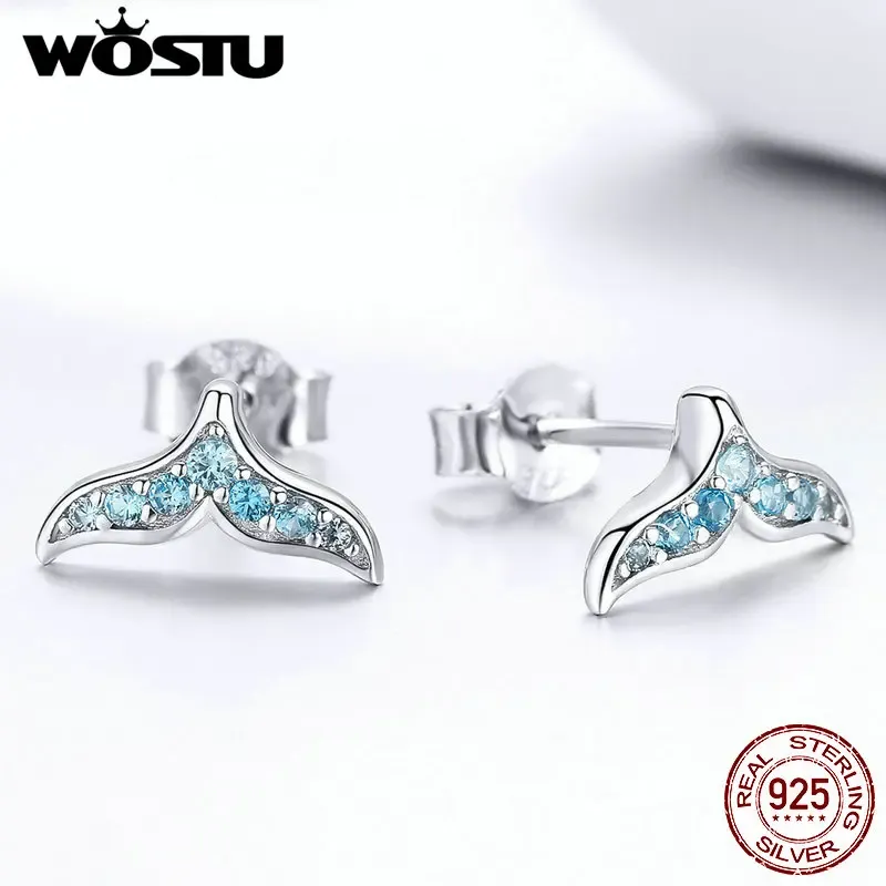 WOSTU Mermaid Tail Blue Zircon Sterling Silver Stud Earrings