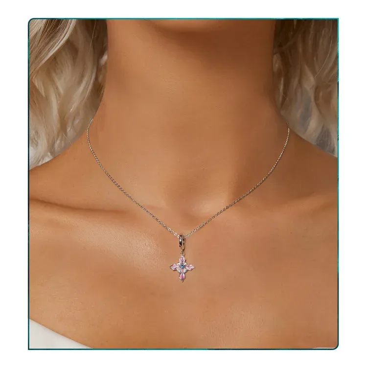WOSTU Pink Baby Foot Sterling Silver Charm with Heart and Clover