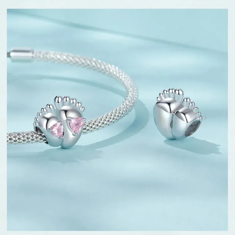 WOSTU Pink Baby Foot Sterling Silver Charm with Heart and Clover