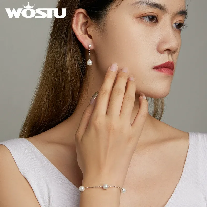WOSTU 925 Sterling Silver Pearl Tassel Stud Earrings