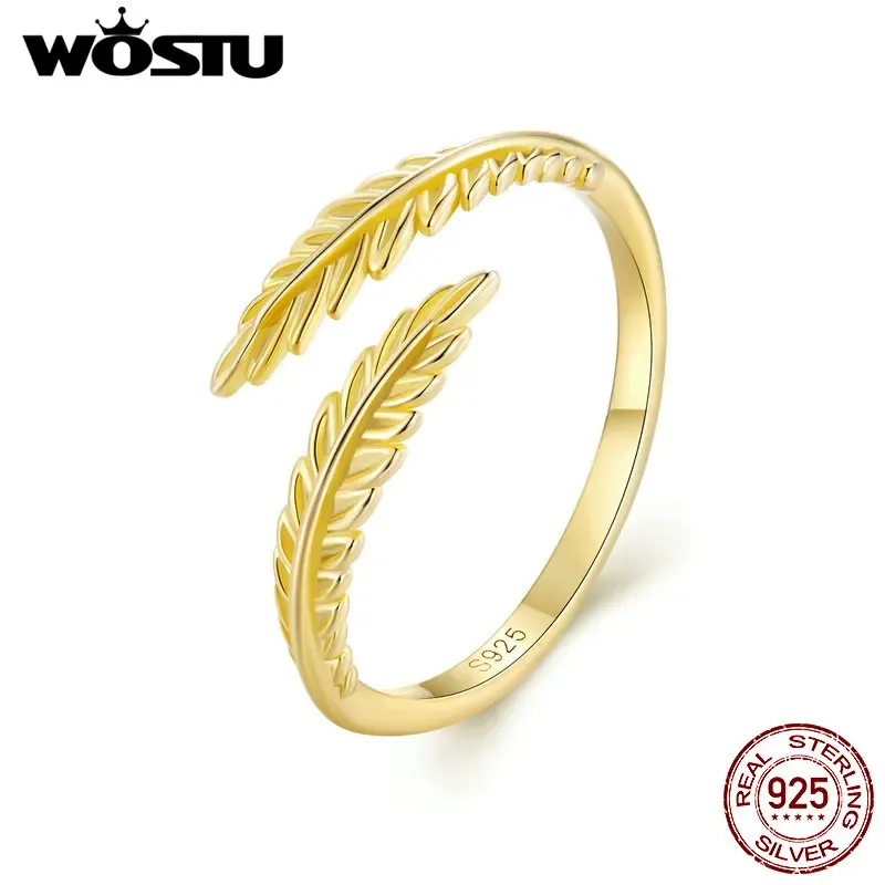 WOSTU Gold Leaf Open Ring in 925 Sterling Silver