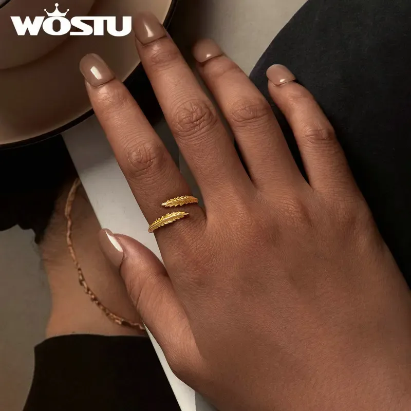 WOSTU Gold Leaf Open Ring in 925 Sterling Silver