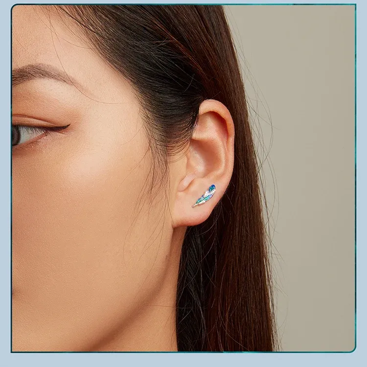 WOSTU Blue Feather Sterling Silver Drop Earrings