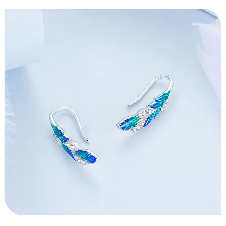 WOSTU Blue Feather Sterling Silver Drop Earrings