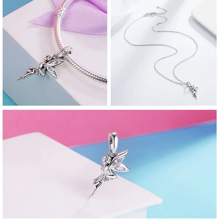 WOSTU 925 Silver Pink Flower Charm Bead