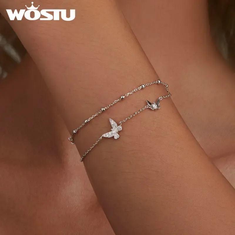 WOSTU 925 Sterling Silver Butterfly Bracelet with Zircon Accent