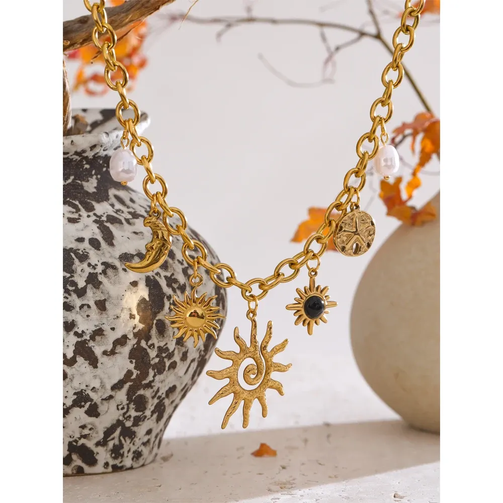 Yhpup Starfish Moon Sun Pendant Necklace in PVD Gold Steel