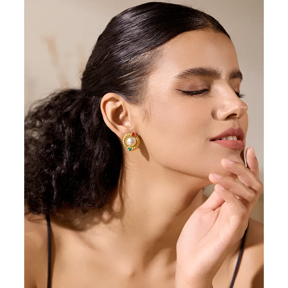 Yhpup Vintage Pearl Geometric Stud Earrings in PVD Gold Steel