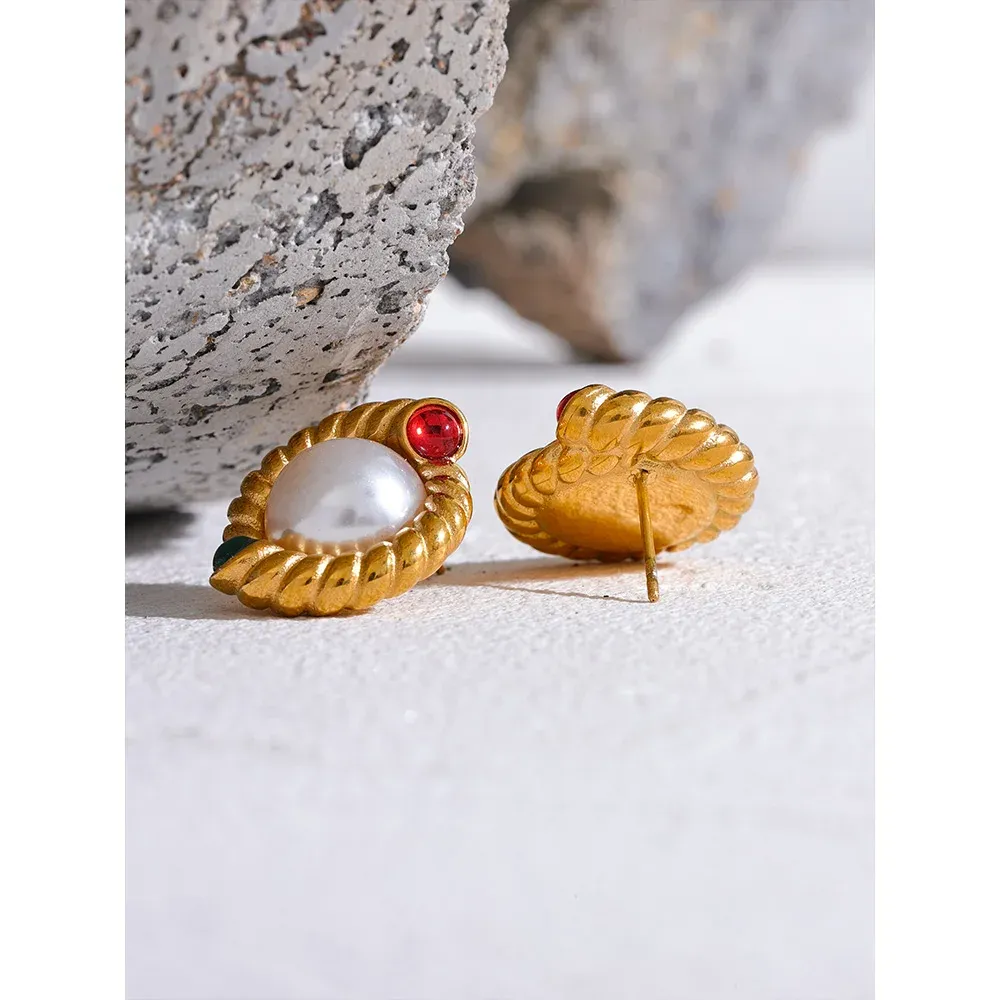 Yhpup Vintage Pearl Geometric Stud Earrings in PVD Gold Steel