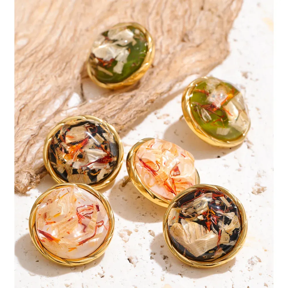 Yhpup Gold PVD Resin Round Stud Earrings