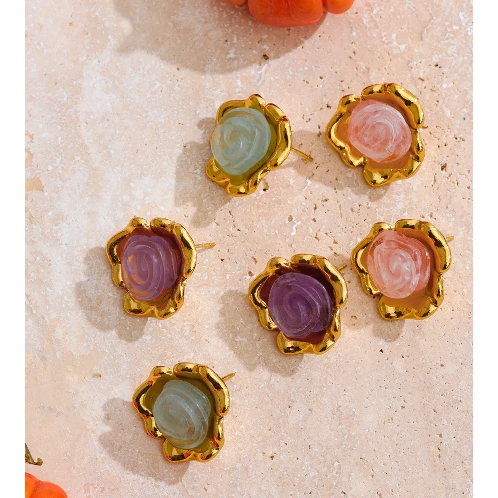 Yhpup Floral Resin Stud Earrings in PVD Gold Stainless Steel