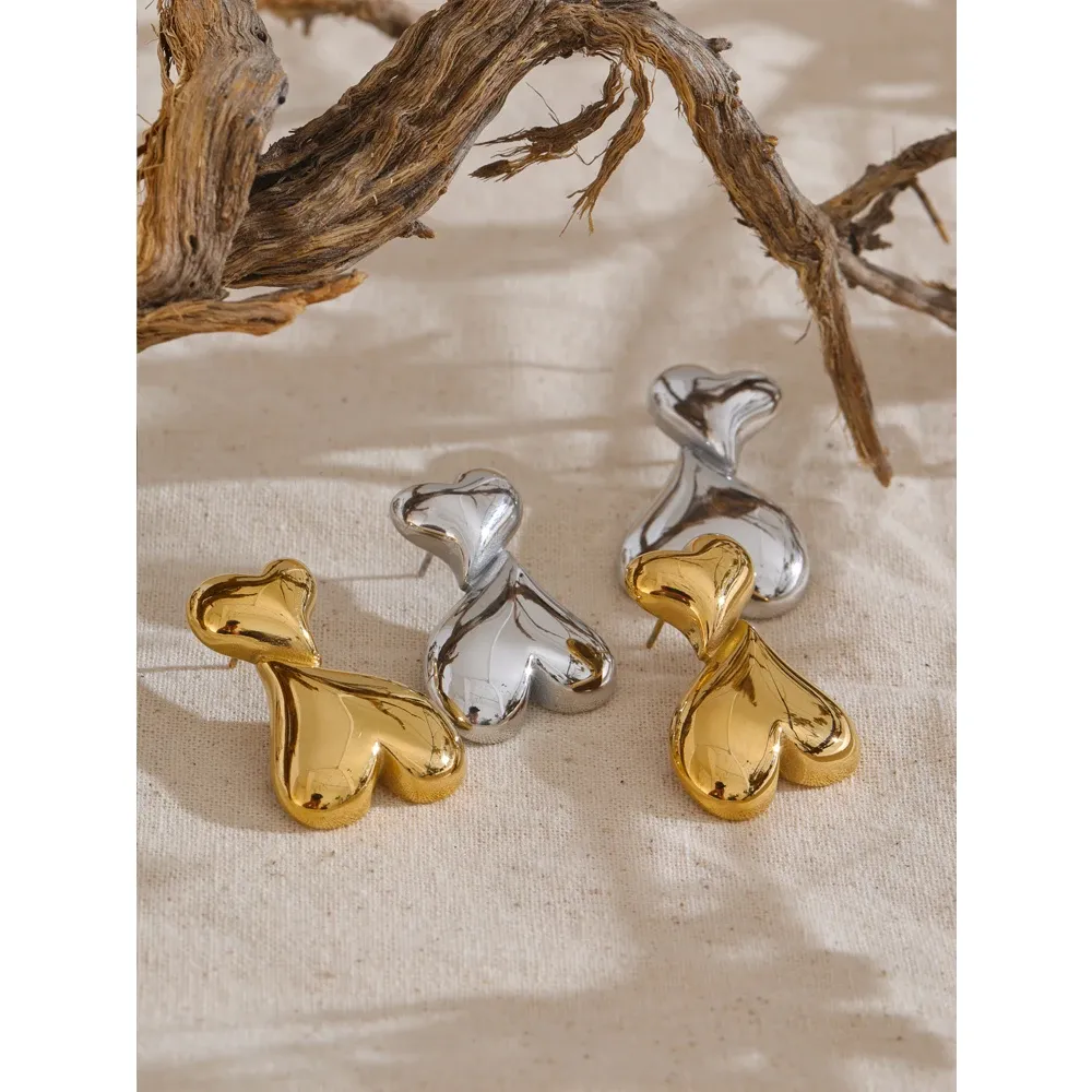 Yhpup Double Heart Stainless Steel Stud Earrings