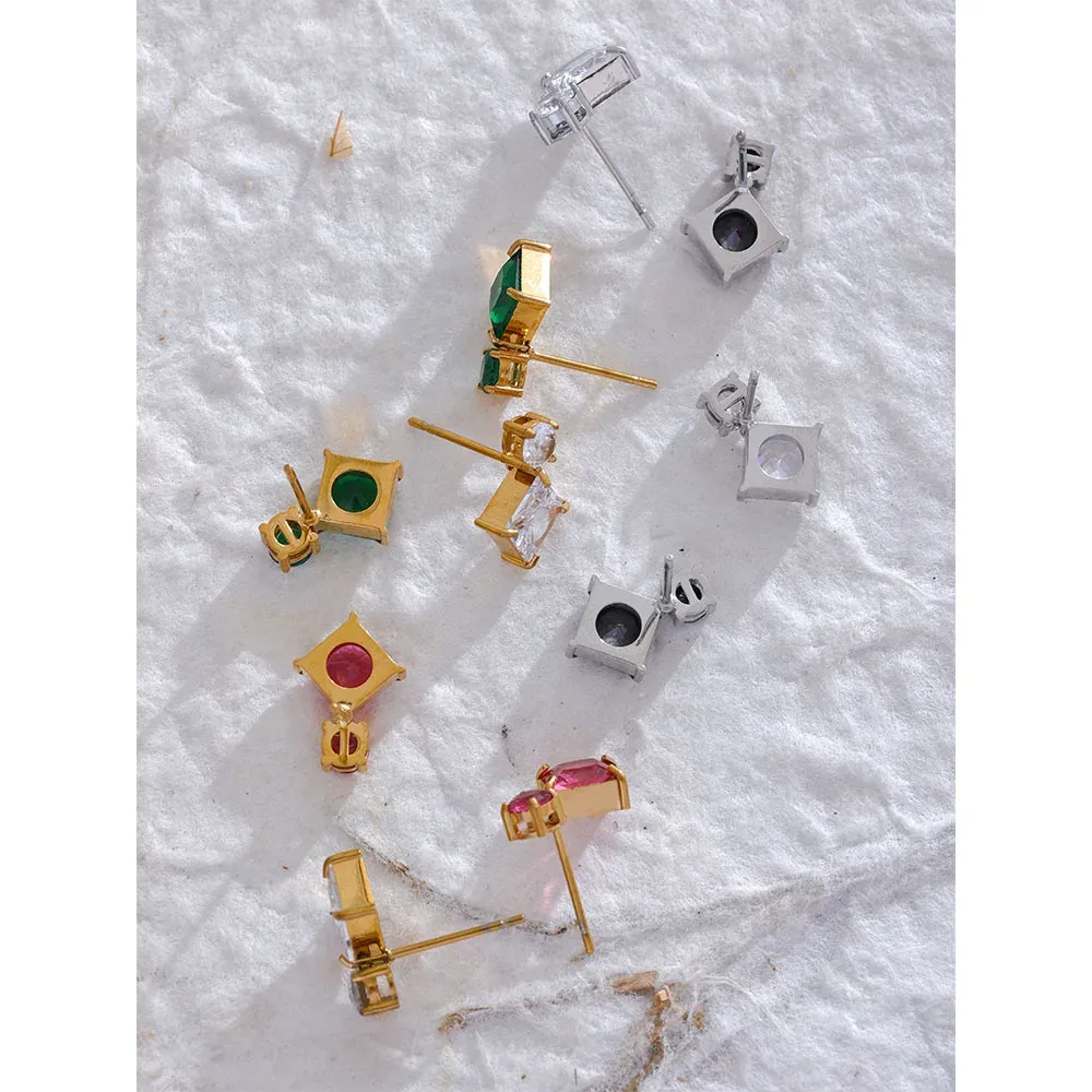 Yhpup Square CZ Stud Earrings in Gold-Tone Steel