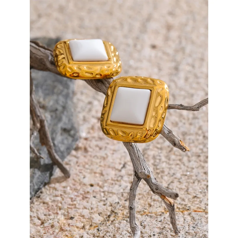 Yhpup White Stone Square Stud Earrings in PVD Gold Steel