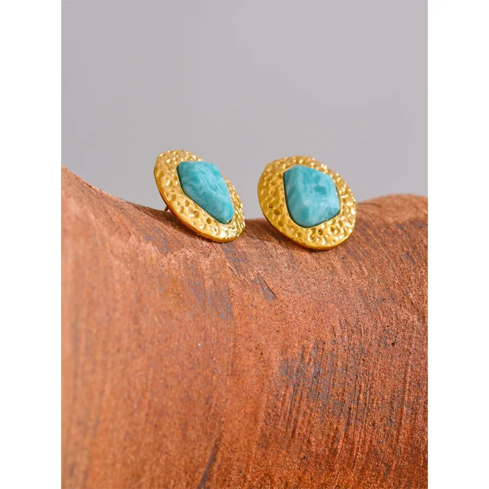 Yhpup Amazonite Gold Stud Earrings in Stainless Steel