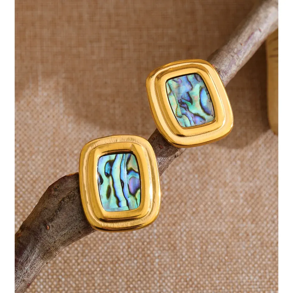 Yhpup Square Shell Stud Earrings in PVD Gold Steel