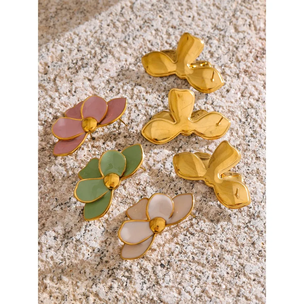 Yhpup Green Pink Enamel Flower Stud Earrings