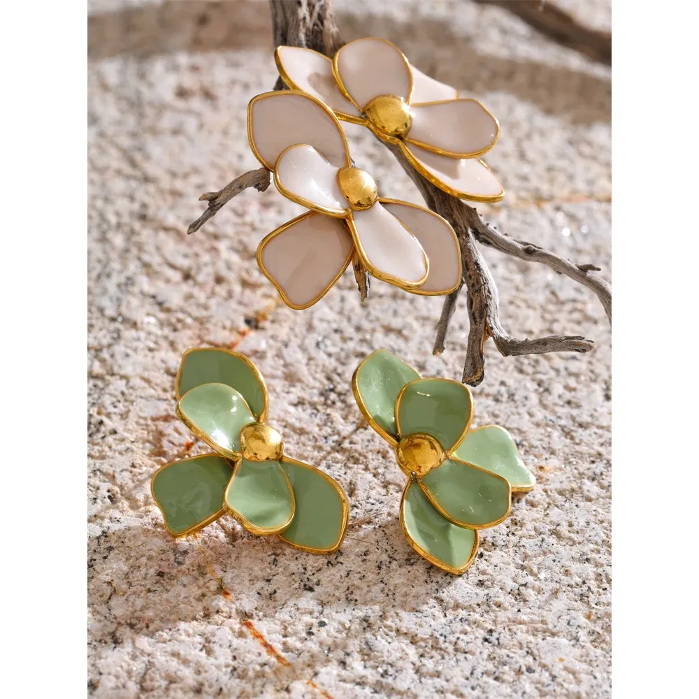 Yhpup Green Pink Enamel Flower Stud Earrings