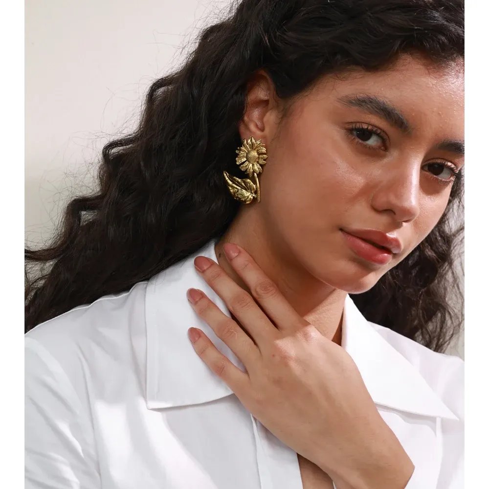 Yhpup Gold-Plated Sunflower Stainless Steel Stud Earrings