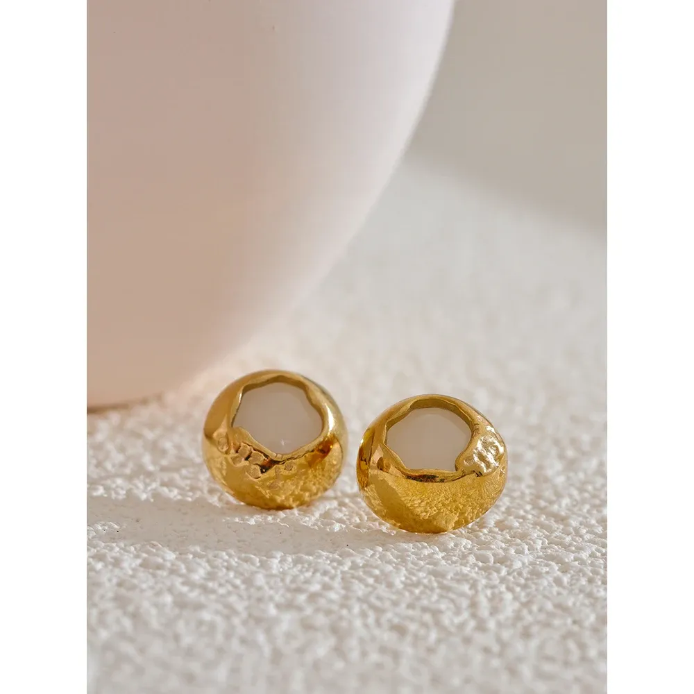 Yhpup Natural Stone Round Stud Earrings in PVD Gold Steel