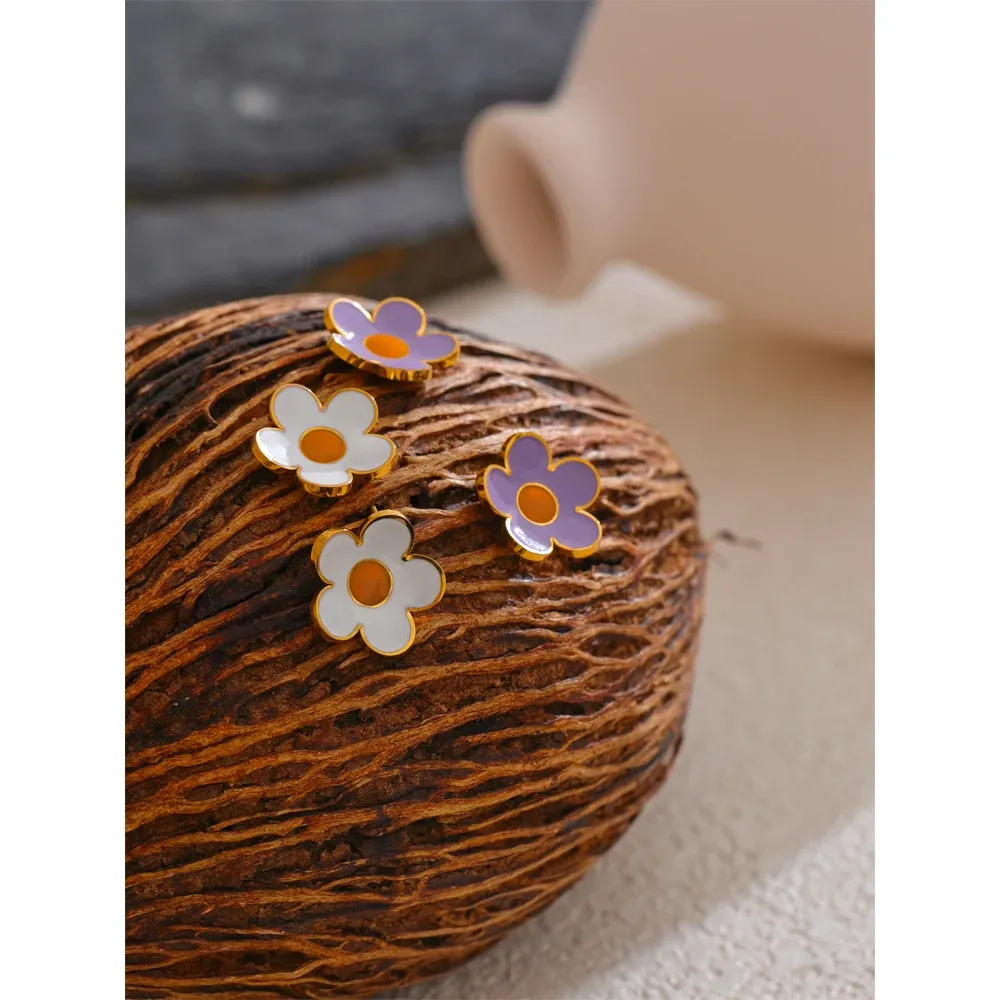 Yhpup White Purple Enamel Flower Stud Earrings