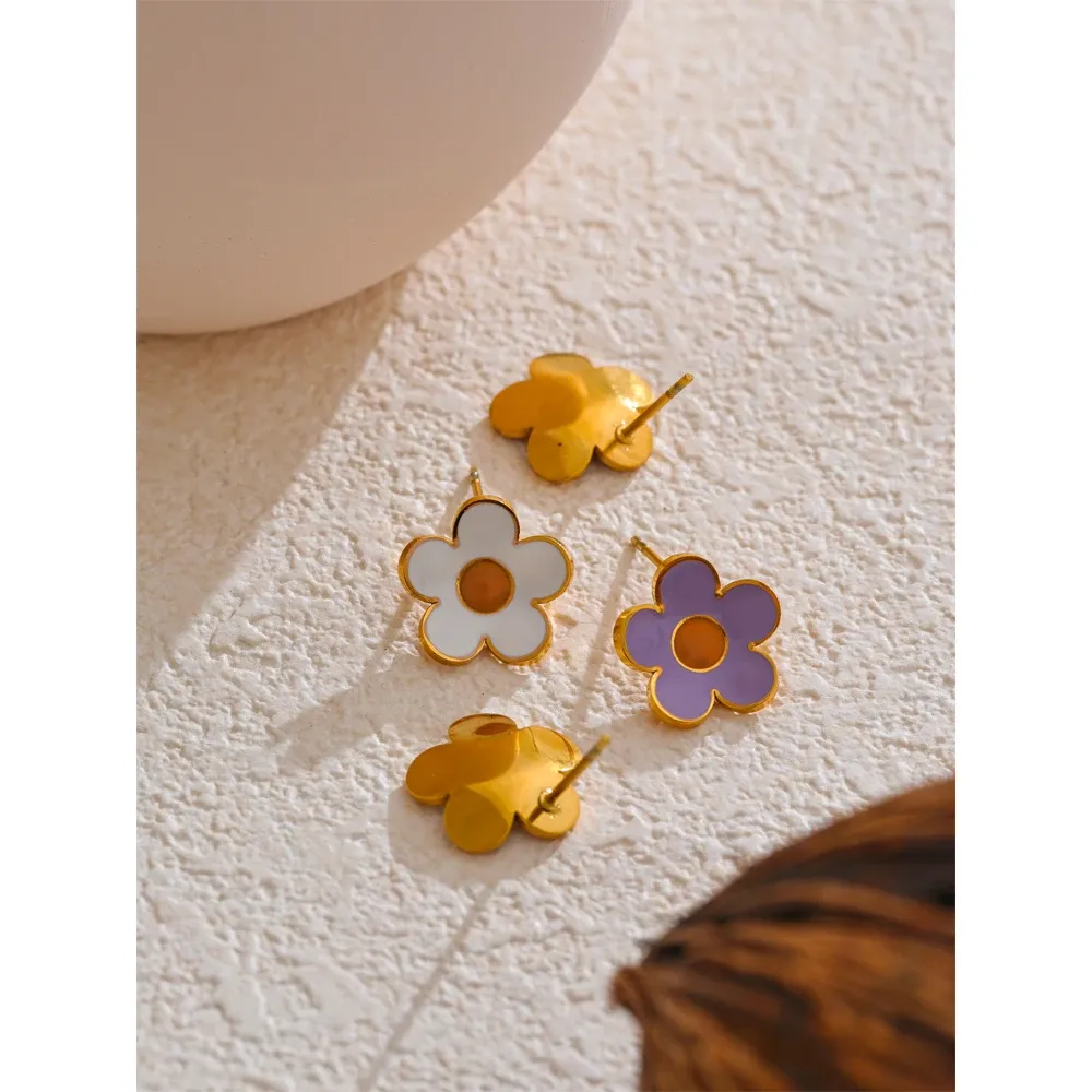 Yhpup White Purple Enamel Flower Stud Earrings