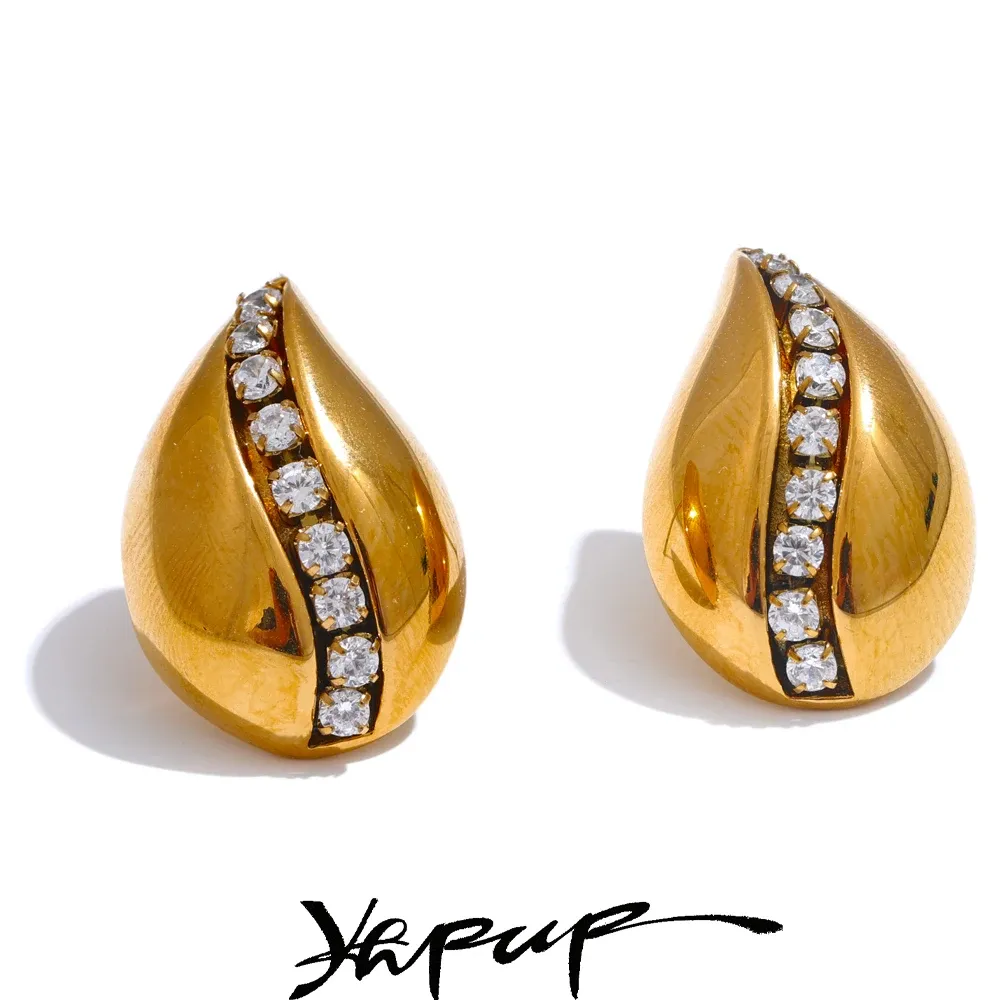 Yhpup Water Drop CZ Stud Earrings in PVD Gold Steel