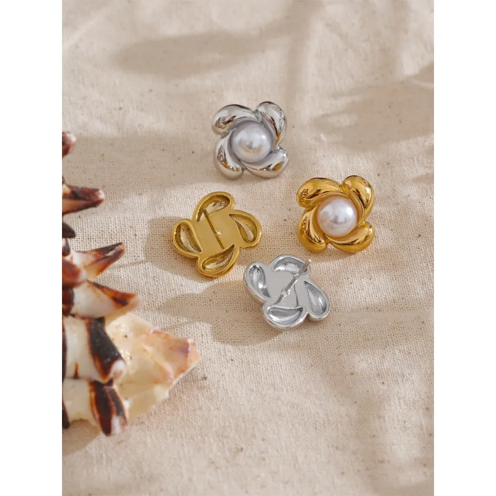 Yhpup Pearl Flower Stud Earrings in PVD Gold Steel