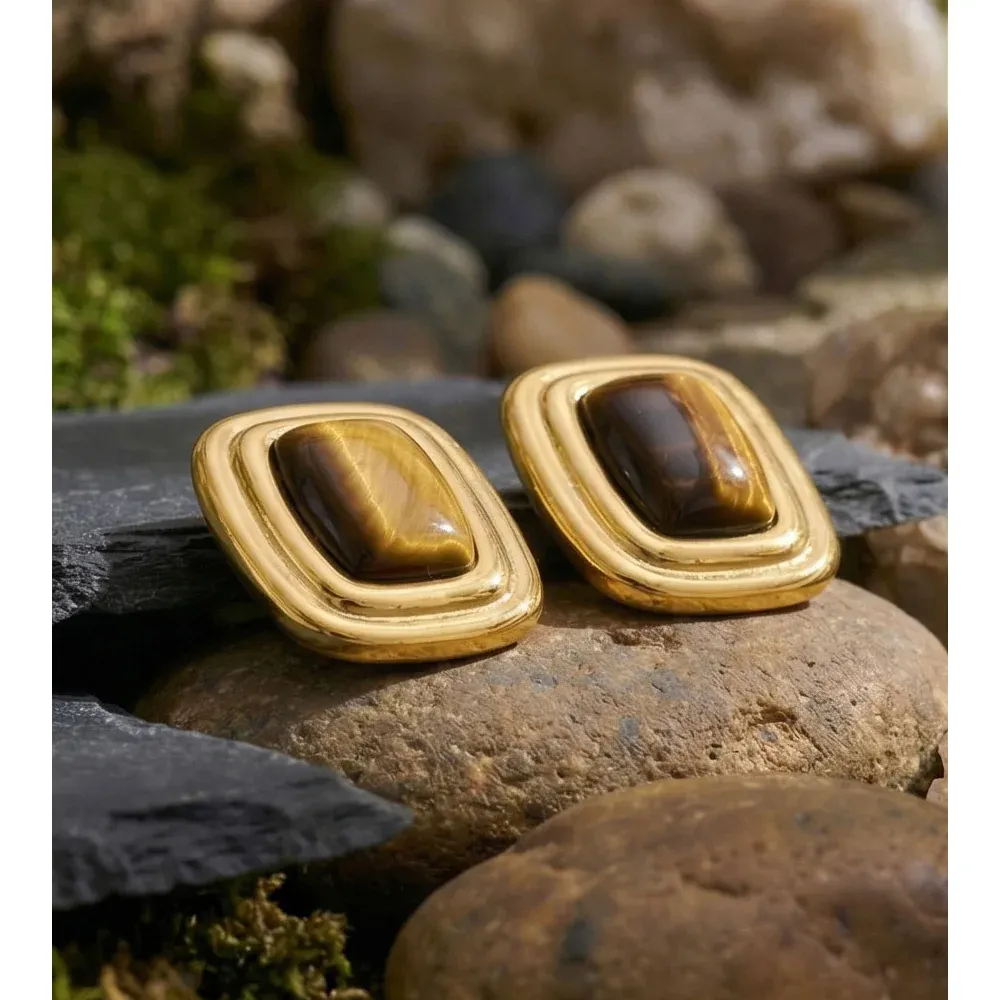 Yhpup Tiger Stone Square Stud Earrings