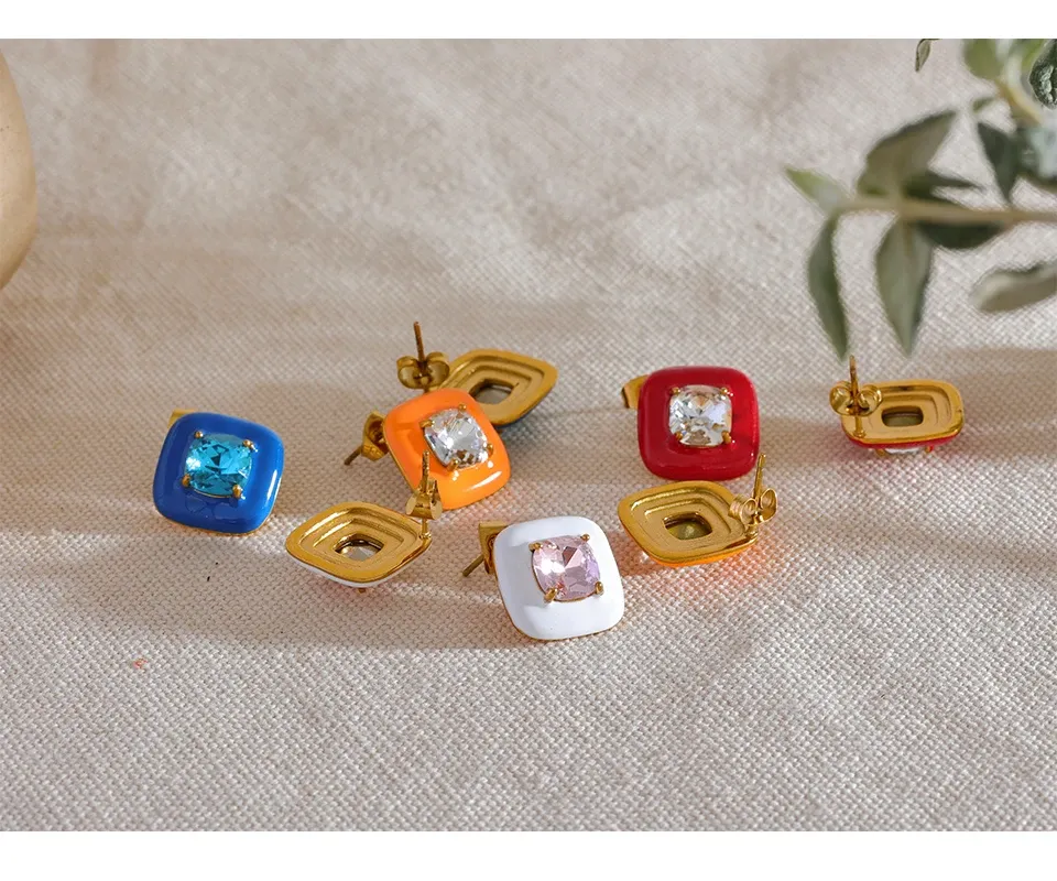 Yhpup Square Enamel CZ Stud Earrings in PVD Gold-Tone Steel